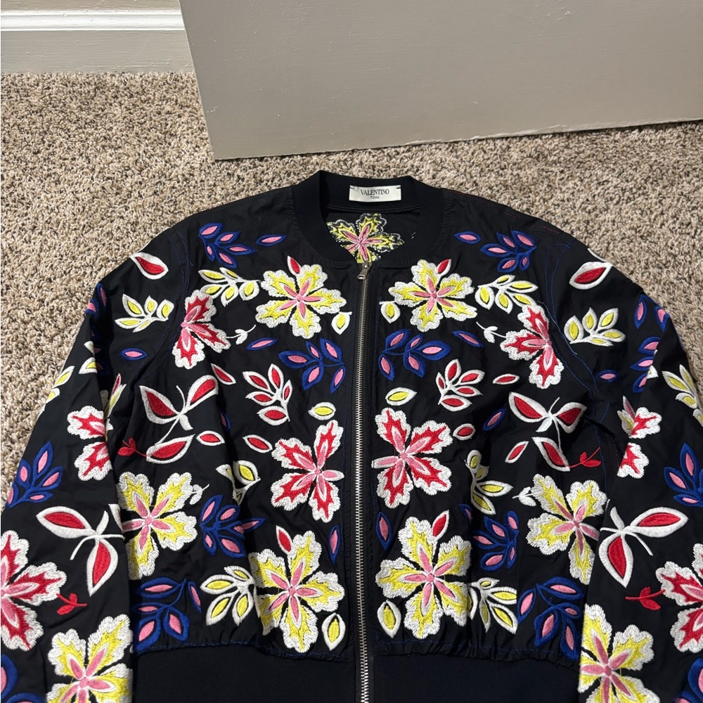 Valentino Floral Embroidered Bomber Jacket - Black, Red, Yellow, Blue